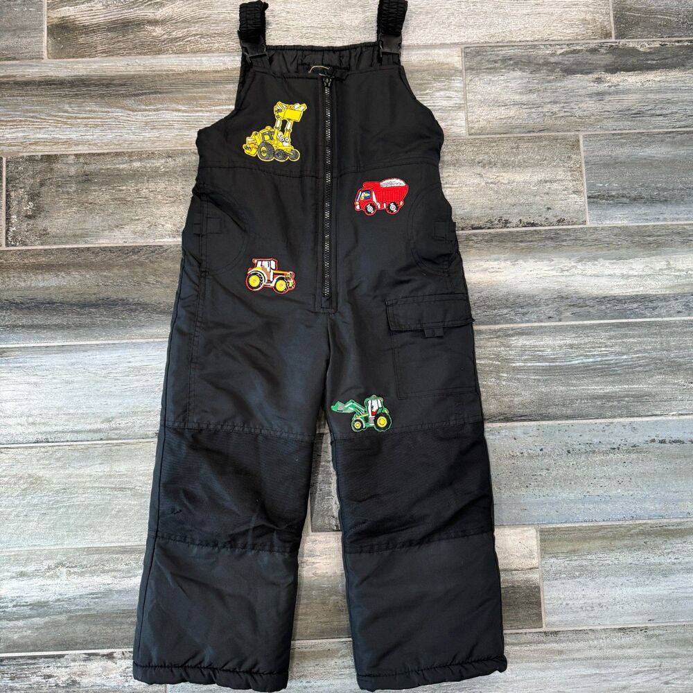 London Fog Black Kids Snow Pants Overalls with Cute Patches Pockets Adjustable